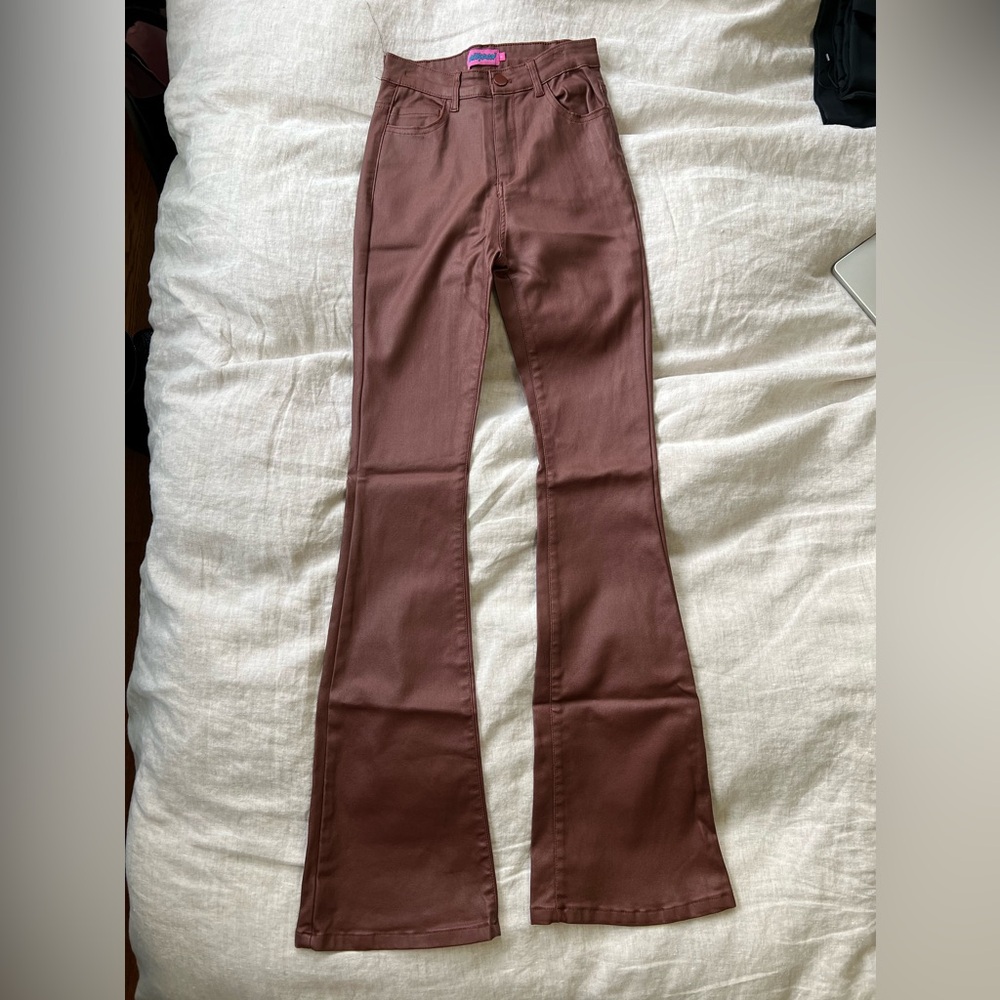 Edikted Luna Faux Leather Flare Jeans (Brown)